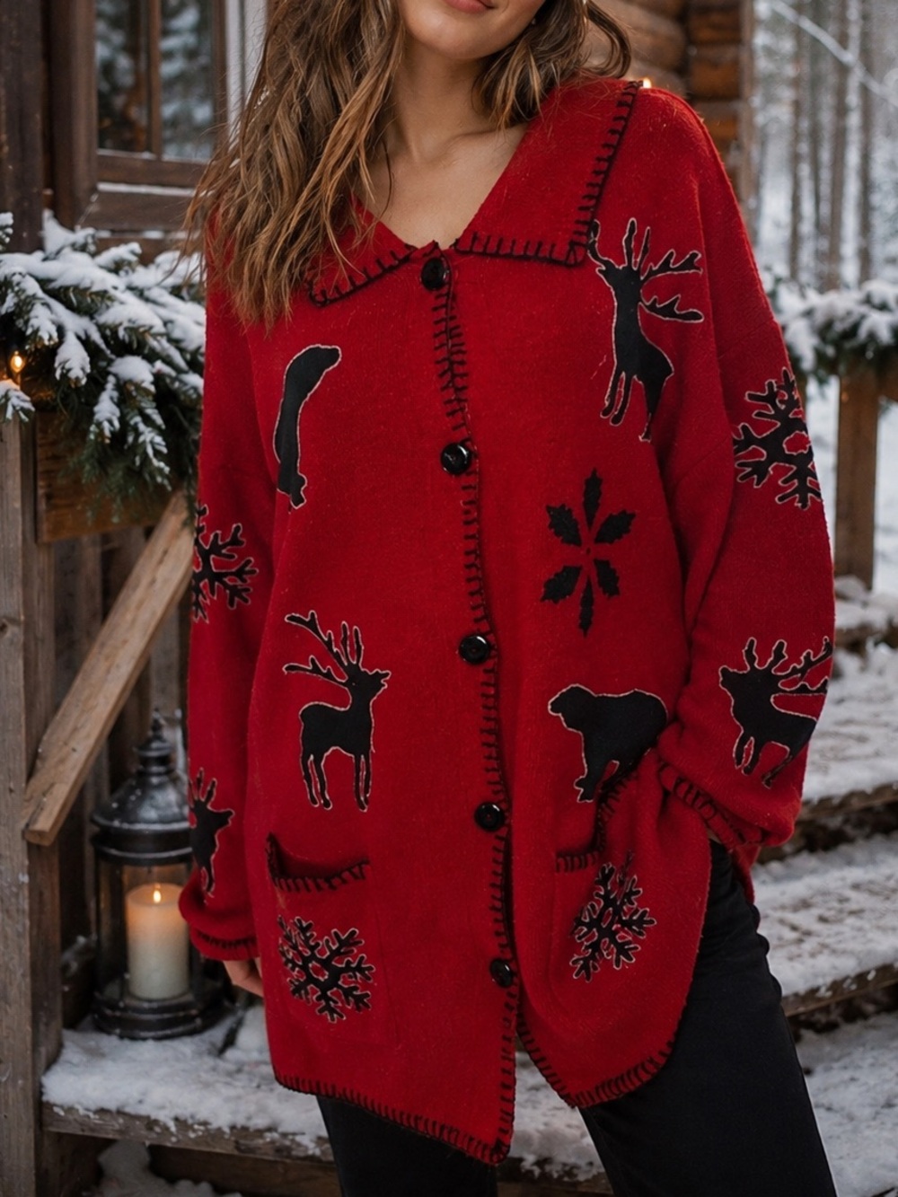 Vintage Marisa Christina Red Reindeer Bear 100% Wool Cabin Cardigan Jacket Sz 3X